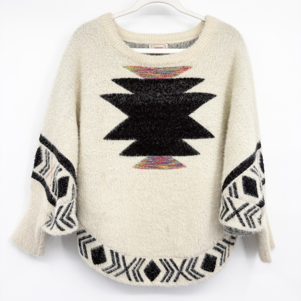 Kamana Womens Fuzzy Geometric Southwestern Boho Eyelash Knit Poncho Sweater OS